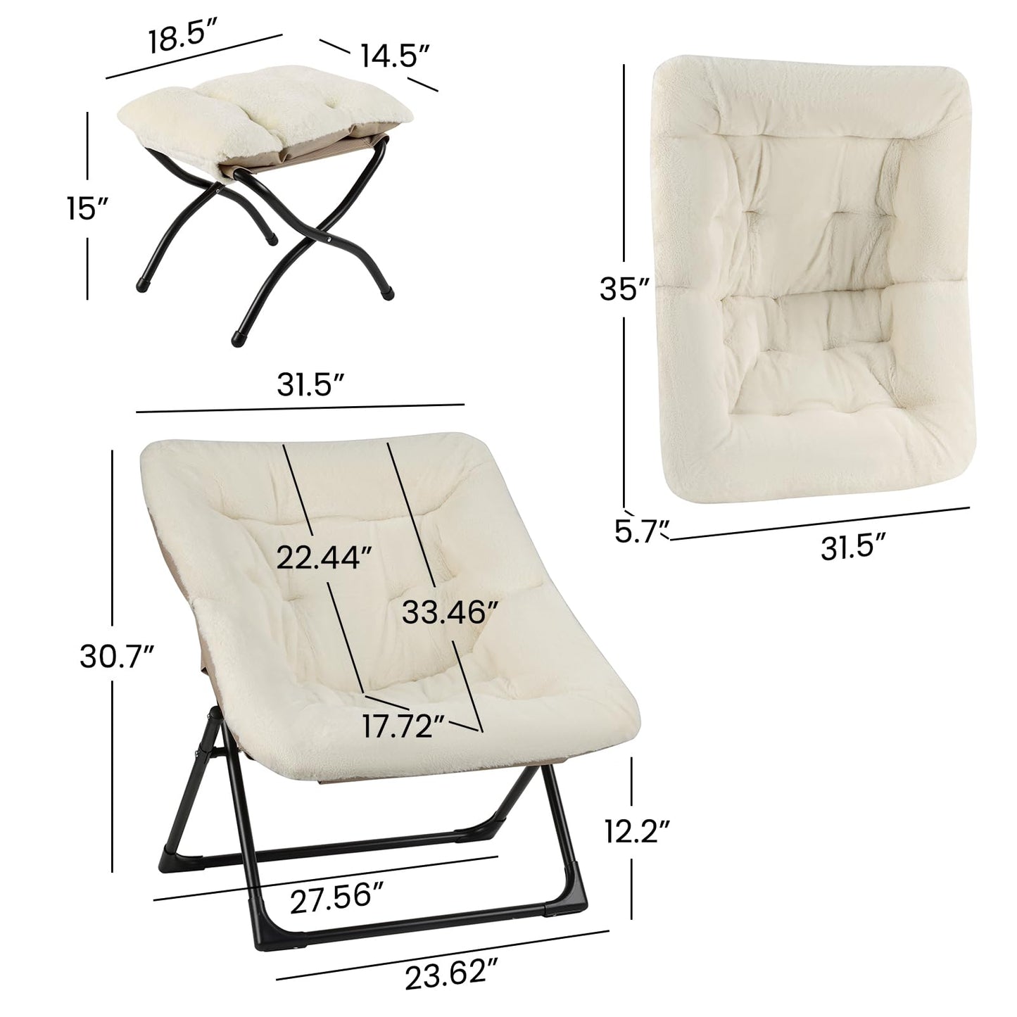 Mordchil HF Comfy Saucer Chair for Adults, Soft Faux Fur Bedroom Chair with Ottoman, Accent Dorm Chairs, Living Room Reading Chairs and Footstool, Folding Seat for Teens, X-Large, Beige