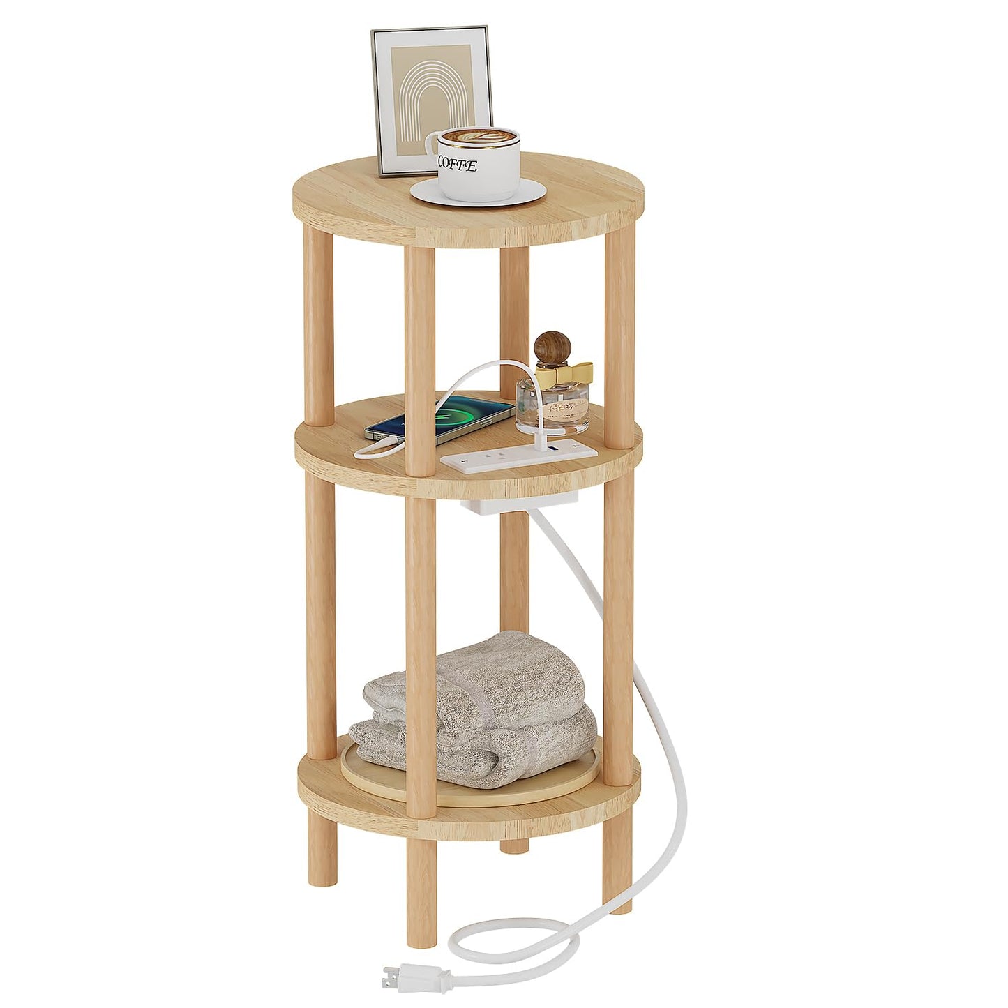 LUCKNOCK Small Round Side Table with Charging Station, 3-Tier Solid Wood End Table, Narrow Compact Sofa Bedside Table for Small Spaces, Easy Assembly for Living Room, Bedroom, Apartment (Natural)