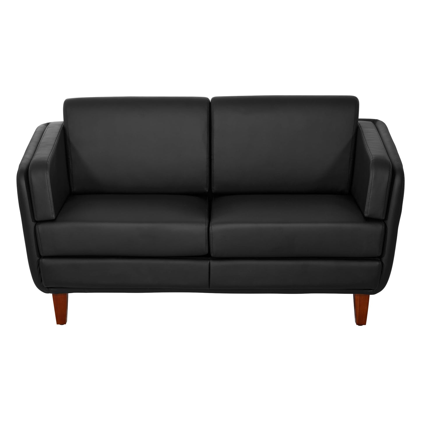 Office Star Products Lounge Seating with Cherry Finish Wood Legs, Coil Spring Seat, Black Faux Leather, Loveseat