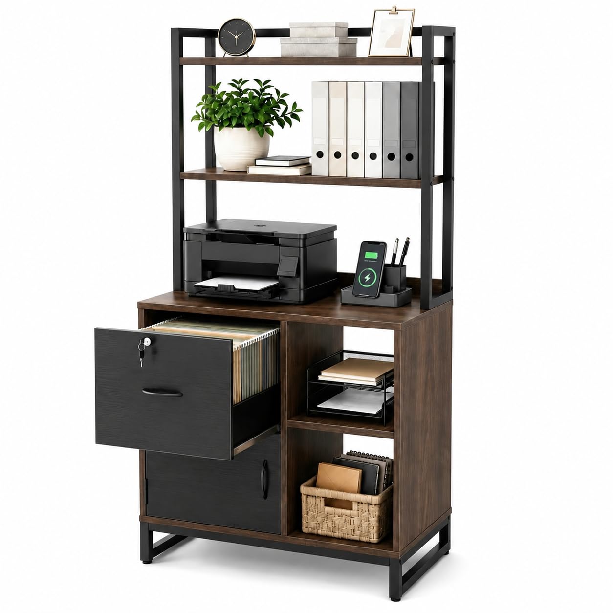 Homieasy Vertical Filing Cabinet with Lock & Charging Station, Large Drawer Wood File Cabinet with Bookshelf, Printer Stand with Open Storage Shelf, fits Letter Size for Home Office, Black and Walnut