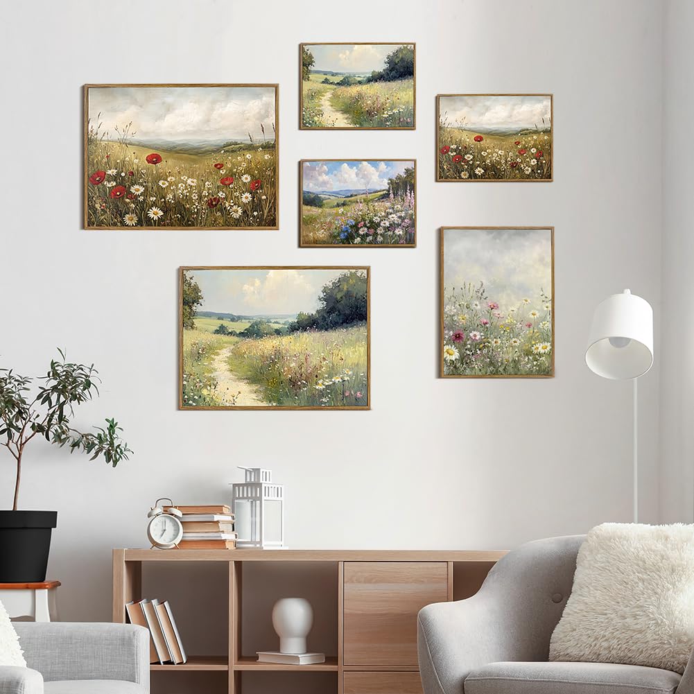 Framed Canvas Wall Art Prints Oil Painting Wildflower Aesthetic Room Decor Serene Country PathLandscape Abstract Poster Pictures Prints for Bathroom, Bedroom LivingRoom 8×10inch