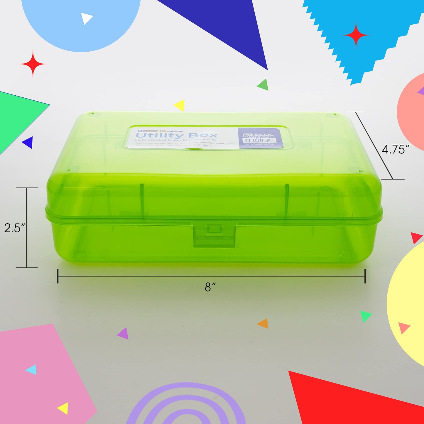 BAZIC PRODUCTS Bright Color Utility Box, 8 x 5 1/4 x 2 3/8 in, for School Office Supplies, Set of 4