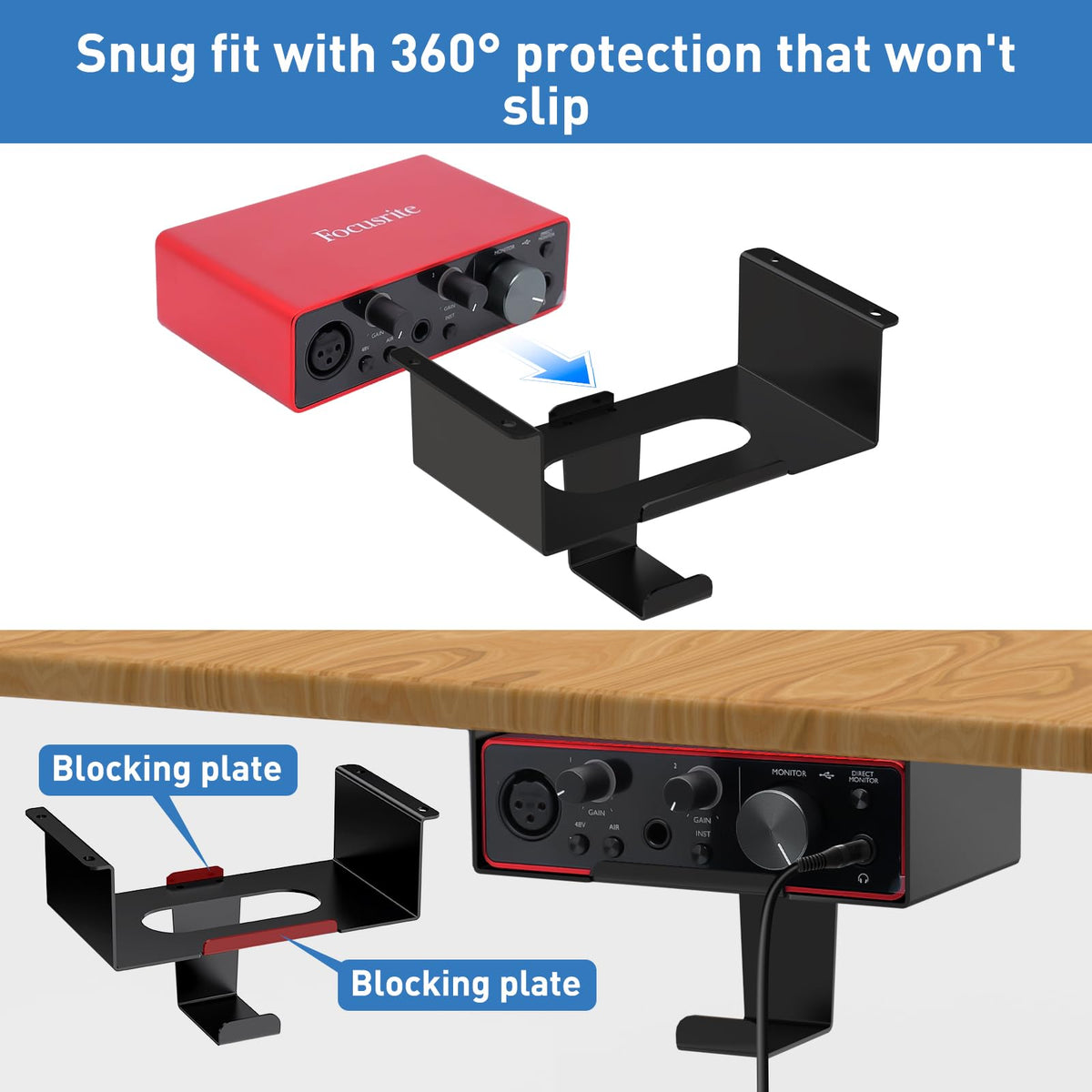 FSNIWEKO Under Desk Mount for Focusrite Scarlett Solo 3rd Gen/Solo 4th Gen with Headphone Hanger Stand,Under Desk Metal Shelf Organizer for Audio Interfaces and Studio Gear (Black Holder Only)