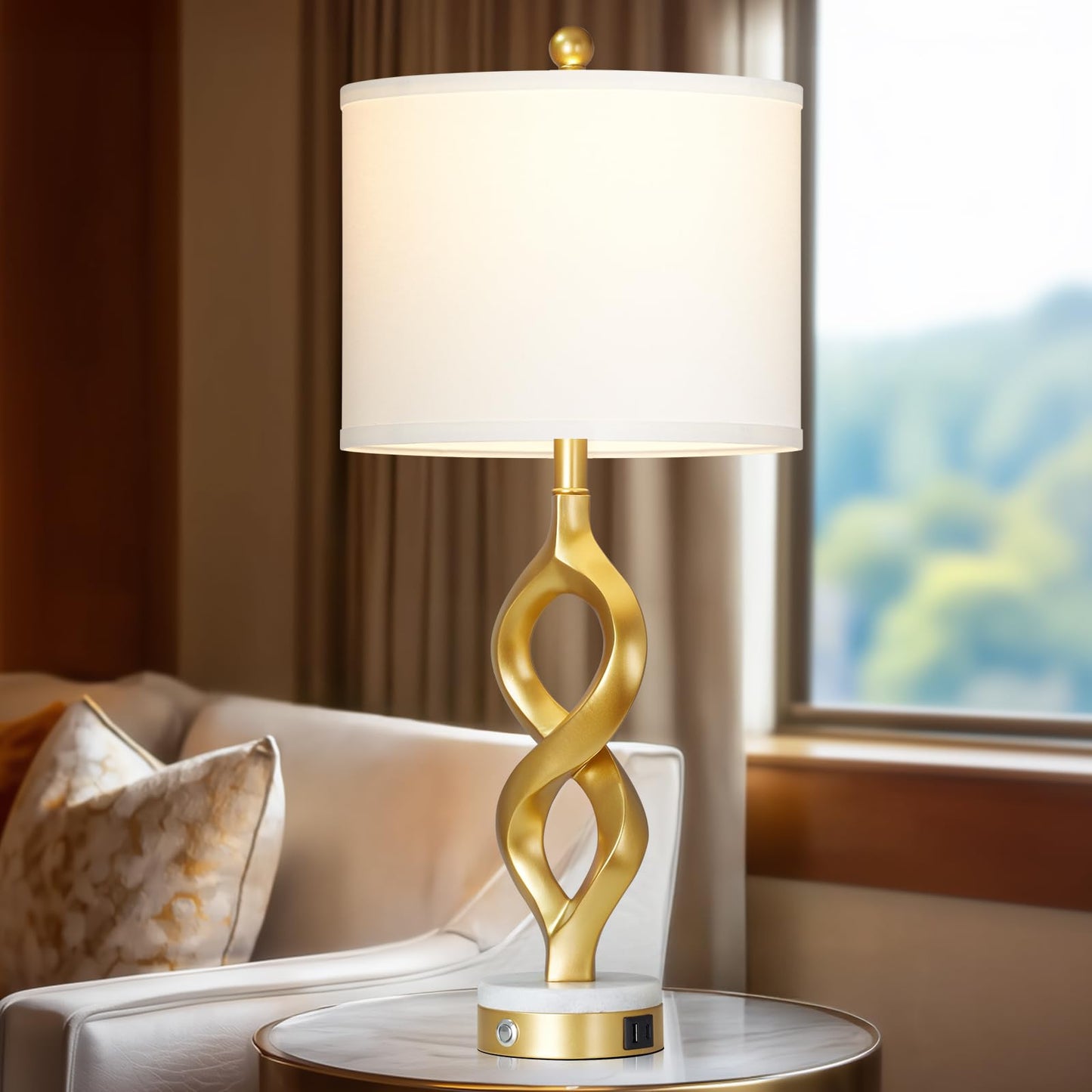 Cinyirong 30" White and Gold Table Lamps Set of 2 for Living Room, Modern Touch Control Bedside Lamps for Bedroom, 3-Way Dimmable Sculptural Resin Nightstand Lamps with USB A+C Ports and 2 LED Bulbs