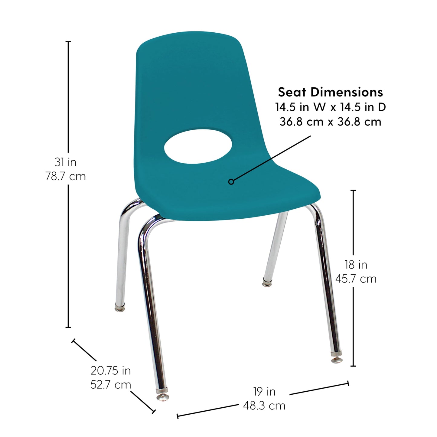 FDP 18" School Stack Chair, Stacking Student Seat with Chromed Steel Legs and Swivel Glides for Classroom, Homeschool or Office - Teal (2-Pack), 13050-TL