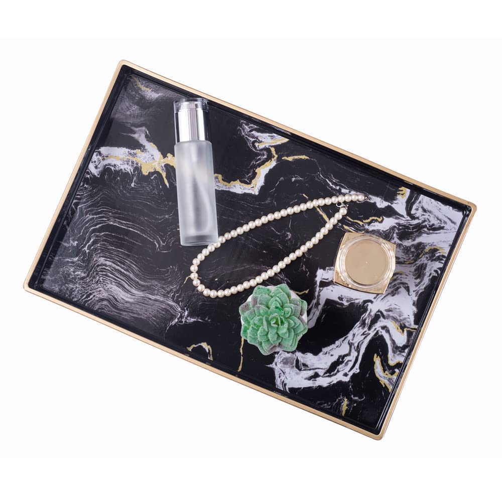 MAONAME Decorative Tray, Plastic Marbling Tray with Handles, Rectangular Coffee Table Trays for Ottoman, Bathroom, 15.7” x 10.2”, Black