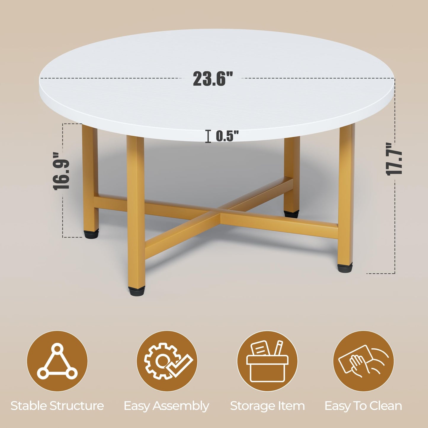FURMORENE Coffee Table, 23.6" Small Coffee Tables, Gray Round Coffee Tables for Living Room, Floor Table for Sitting on The Floor, Center Coffee Table with Metal Frame for Office Apartment Home, Gold
