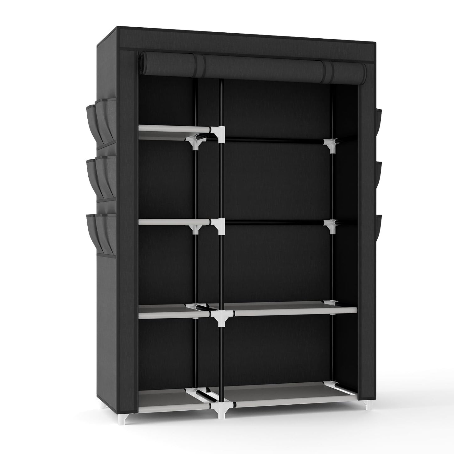 VTRIN Wardrobe Closet, 41.7 Inch Wide Portable Closets for Hanging Clothes with 1 Hanging Rod, 6 Shelves, 6 Pockets, Clothes Rack with Cover Portable Wardrobe Closet for Bedroom, Dorm, Black