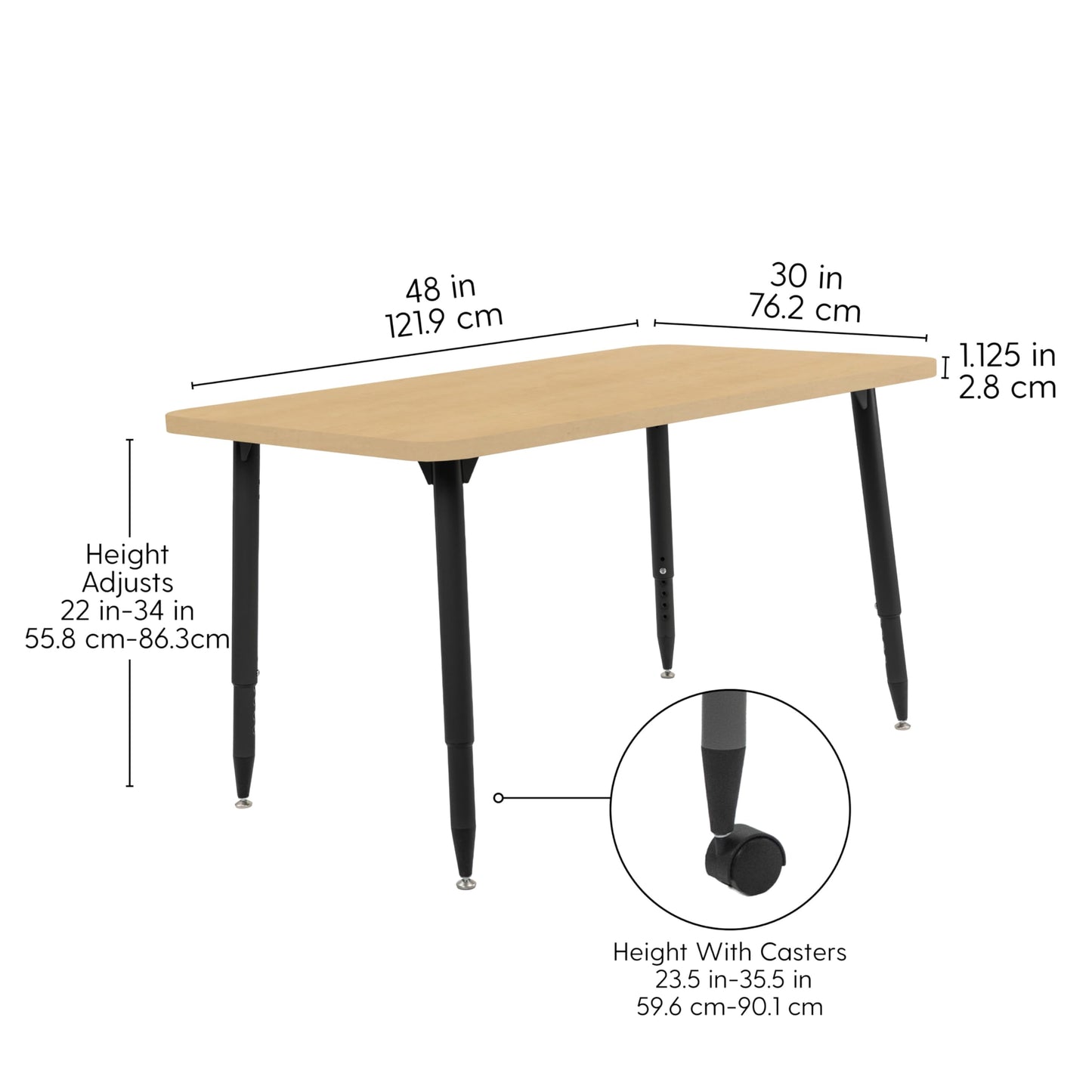Adapte Commercial Classroom Activity Table - 30" x 48" Rectangle Woodgrain, ADA Compliant Tapered Legs with Glides & Casters, Adjustable Height 22-34" Wheelchair Accessible, School & Office Furniture