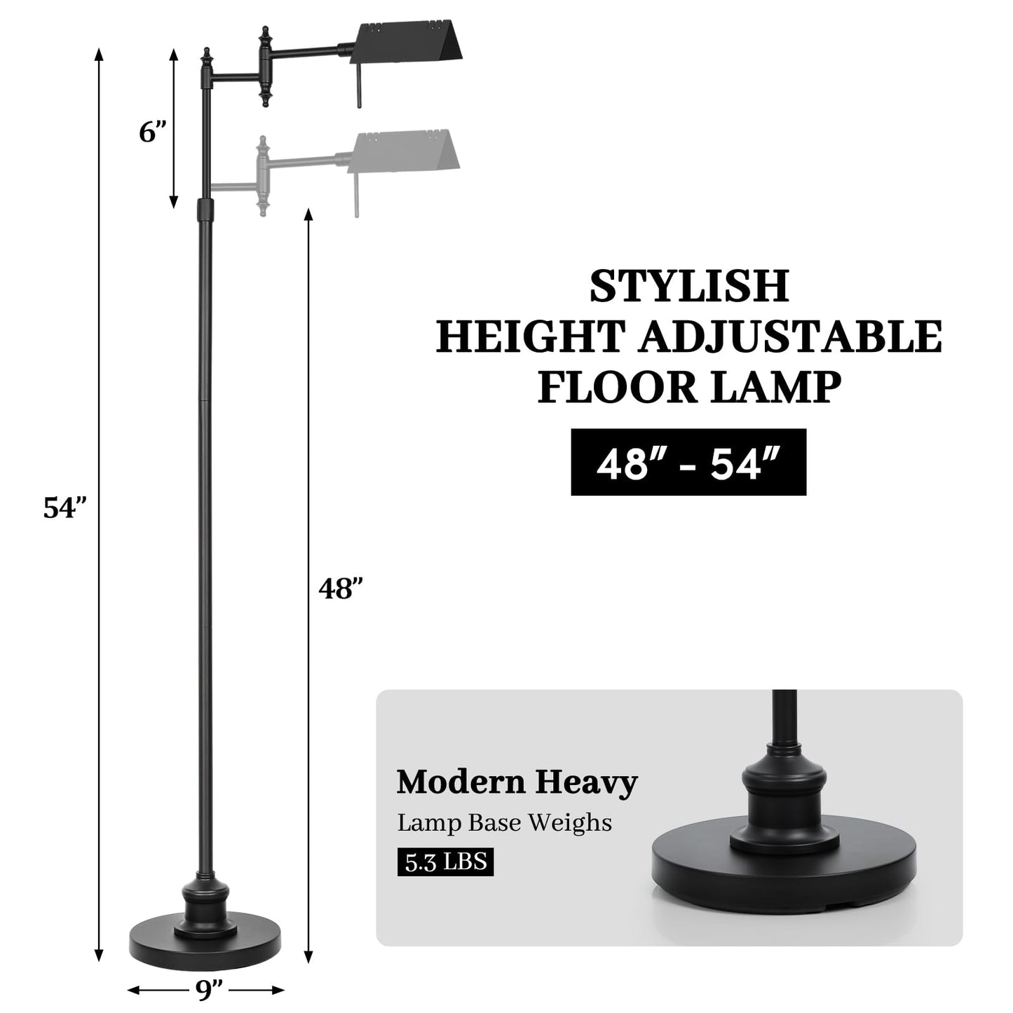 Bairth Dimmable Pharmacy Floor Lamp with Remote, 17W LED Reading Floor Lamp with 360°Swing Arm, 3 Color Temperature, Height Adjustable Black Standing Task Lamp for Living Room, Bedroom, Black