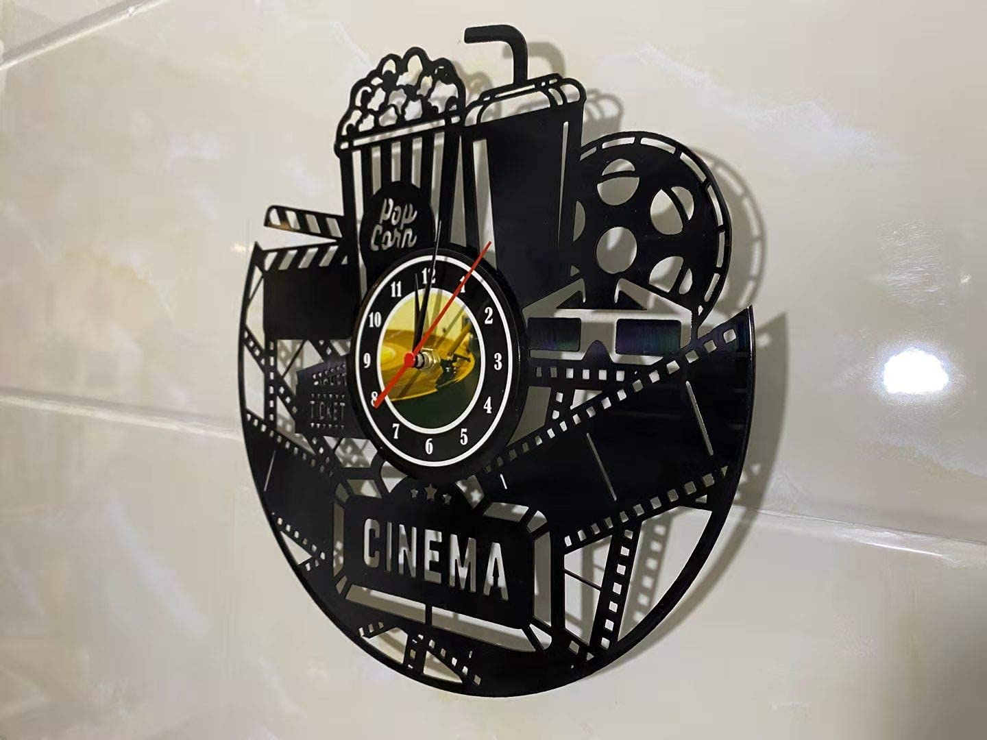 Home Theater Cinema and Popcorn Vinyl Record Wall Clock Movie Film Time Clock Watch Room Wall Home Theater Wall Decor Wall Art Gift for Movie Lover (NO LED)