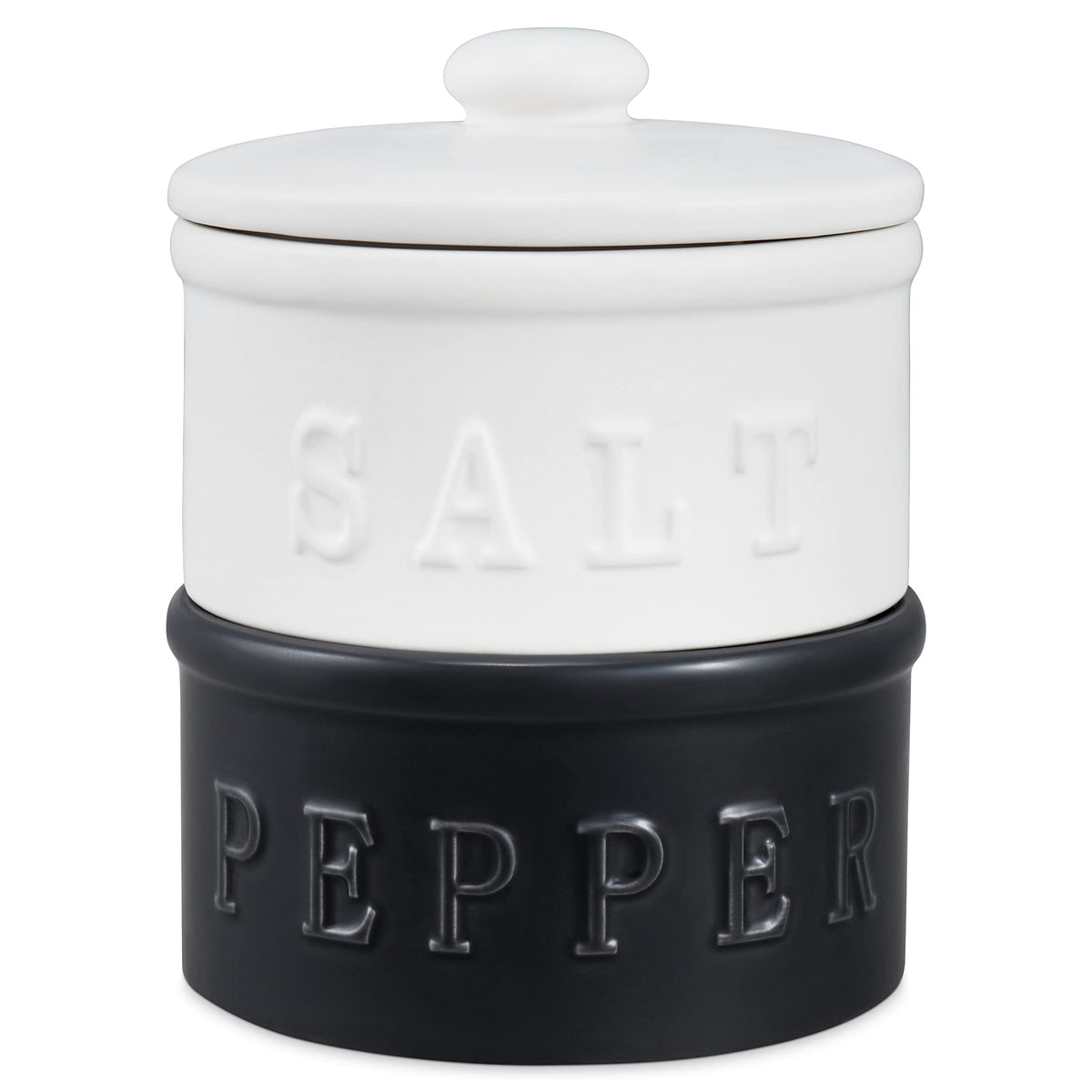 enkiware Salt and Pepper Bowls with Lid, Set of 2 - Stackable Rustic Farmhouse Decor for Your Kitchen - Containers and Boho Tabletop Accessories for Home - Ceramic Seasoning Holder for the Counter