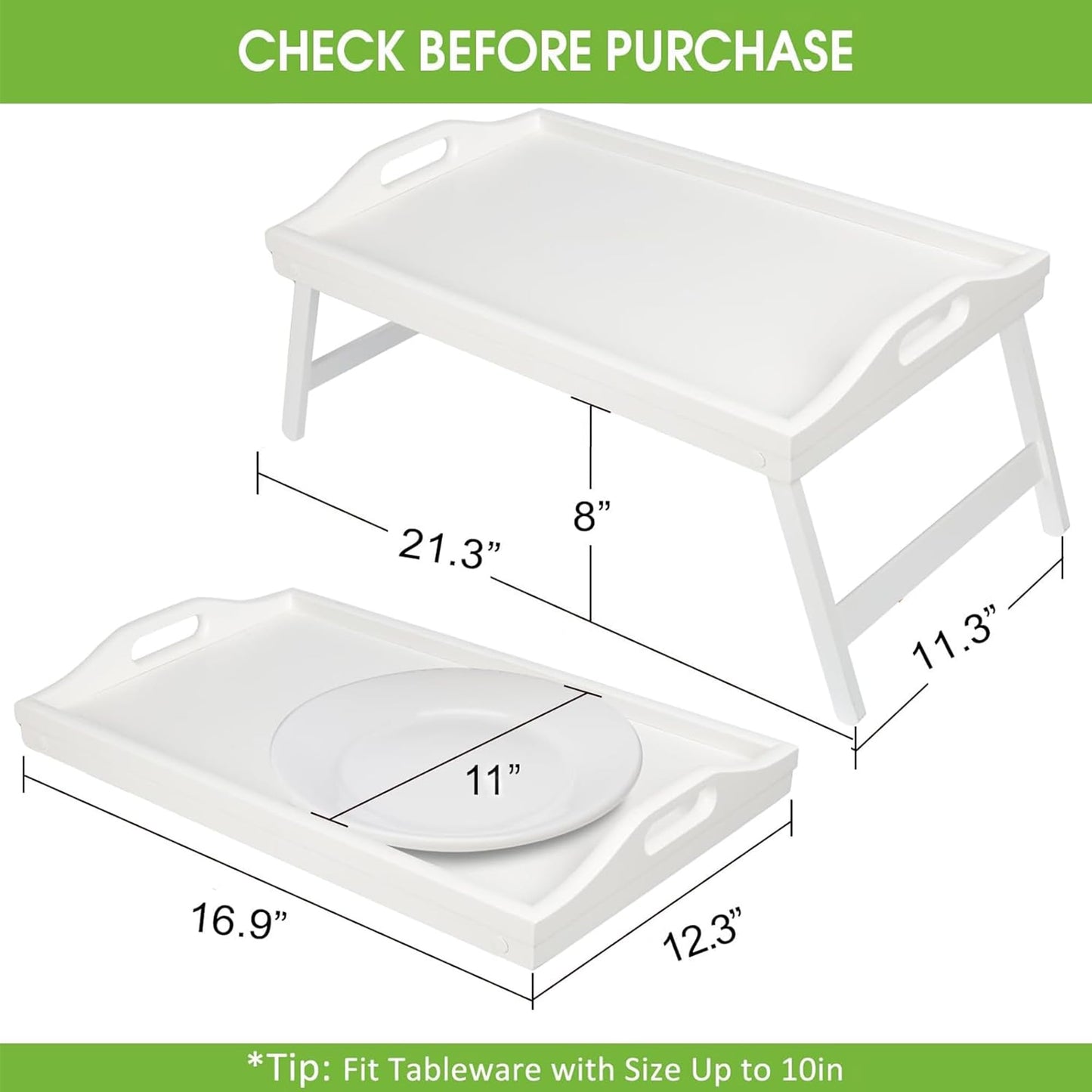 Bed Tray Table Bamboo Breakfast Food Tray with Folding Legs Kitchen Platters Serving Plate for Bed TV Table Desk Laptop Computer（White Large）