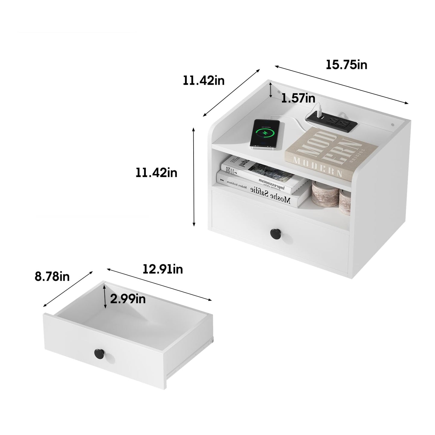 Floating Nightstand Set of 2 Modern Night Stands with Drawer and Open Shelf Cubby Small Bedside End Table with Charging Station Wall Mounted Nightstands Set 2 for Bedroom White