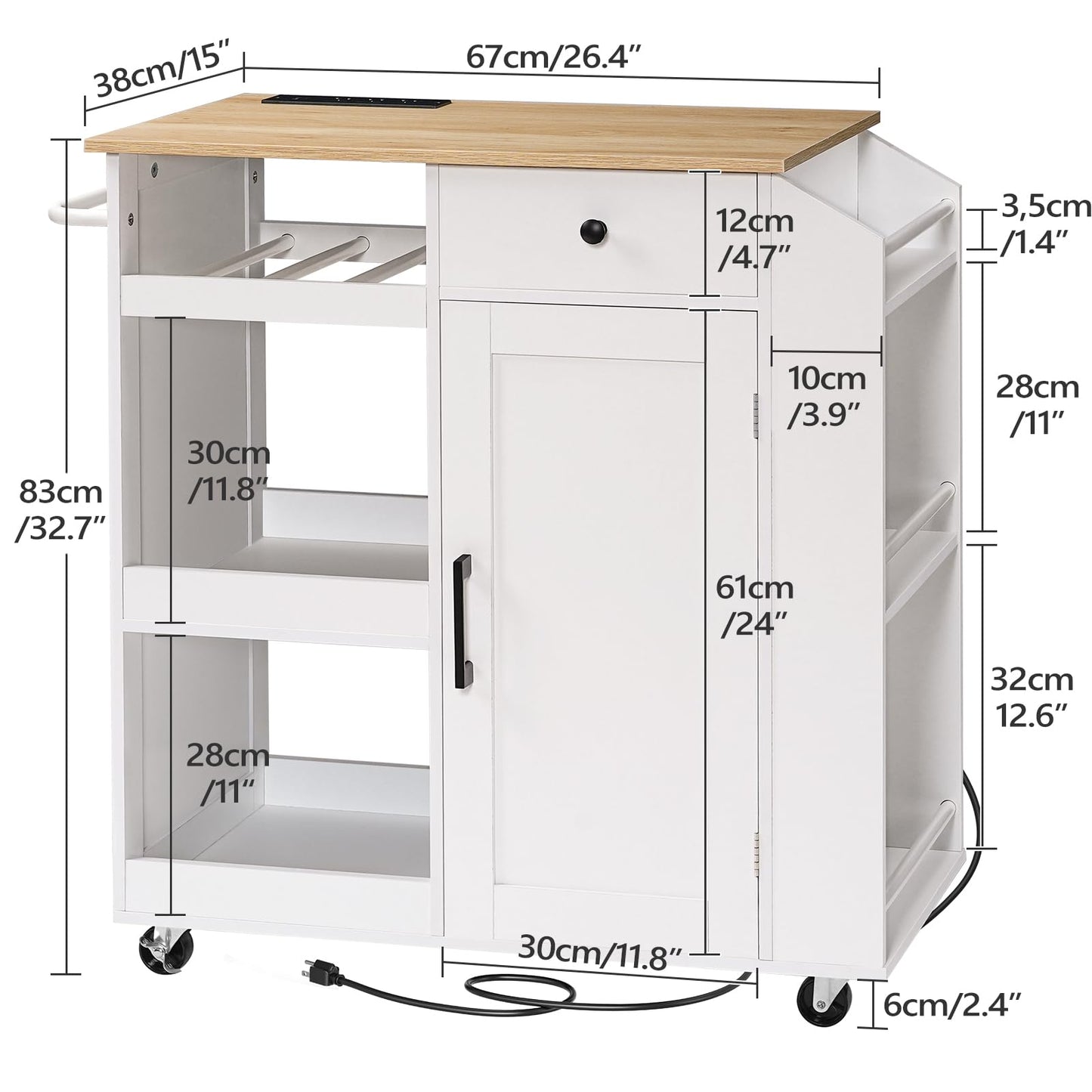 MAHANCRIS Kitchen Island with Power Outlet, Kitchen Storage Island with Drawer, Rolling Kitchen Cart on Wheels, Spice Rack, Towel Rack, Wine Rack, for Dining Room, White and Natural KINW122E01N1