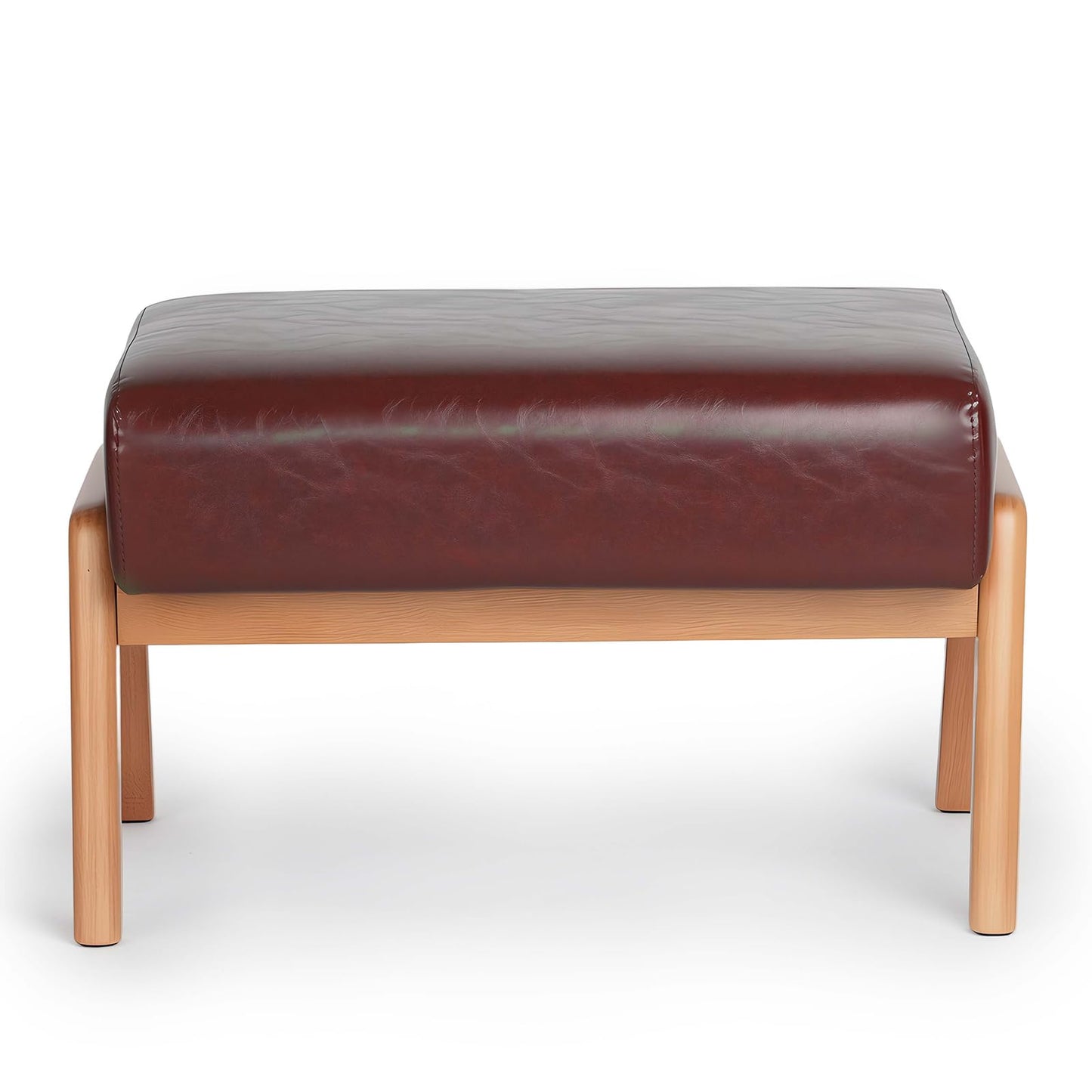 ACONUP Foot Stool, Leatherette Wooden Step Stool, Modern Rectangle Ottoman Wide Vanity Stool with Cushion for Couch Living Room Bedroom Entryway, Brown