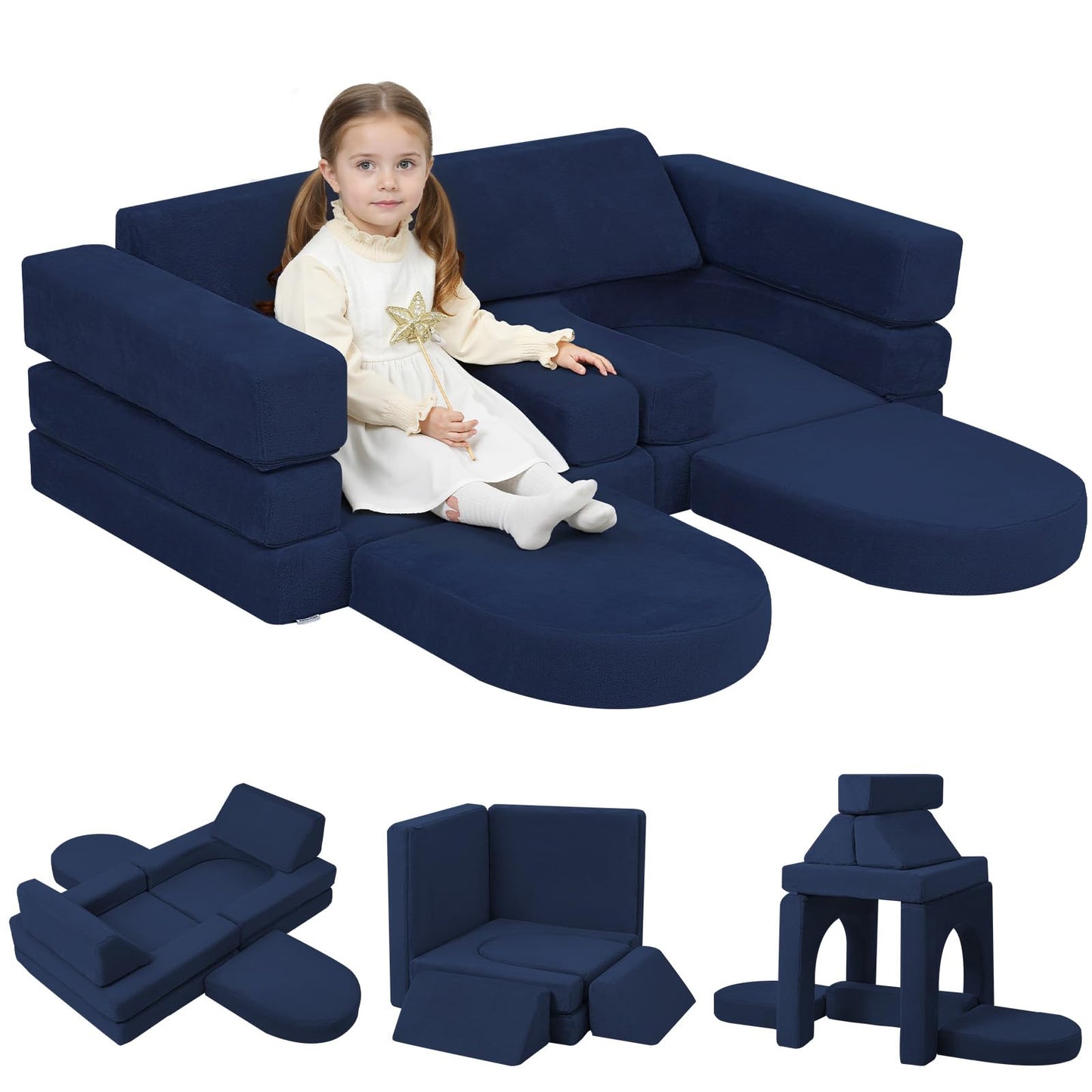 MeMoreCool Navy Blue Kids Couch 10-Piece Modular Play Couch Ages 3+