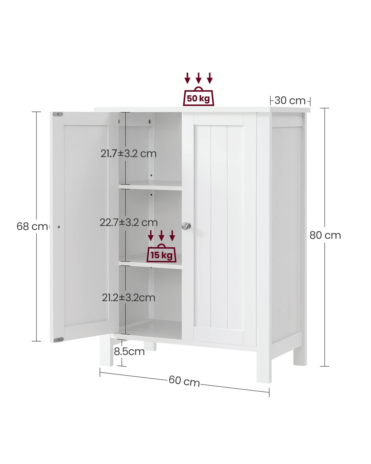 VASAGLE Floor Storage Cabinet, Freestanding Storage Unit with 2 Adjustable Shelves, for Bathroom Living Room Dining Kitchen, 11.8 x 23.6 x 31.5 Inches, Cloud White UBCB60WV1