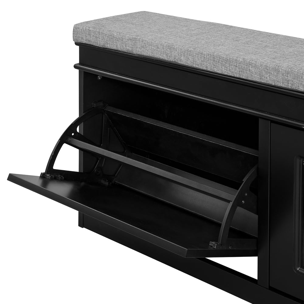 Haotian Black Storage Shoe Bench with 2 Flip Drawers, Hidden Shoe Bench, Free Standing Shoe Rack, Shoe Cabinet, Hallway Storage Bench with Seat Cushion FSR64-SCH