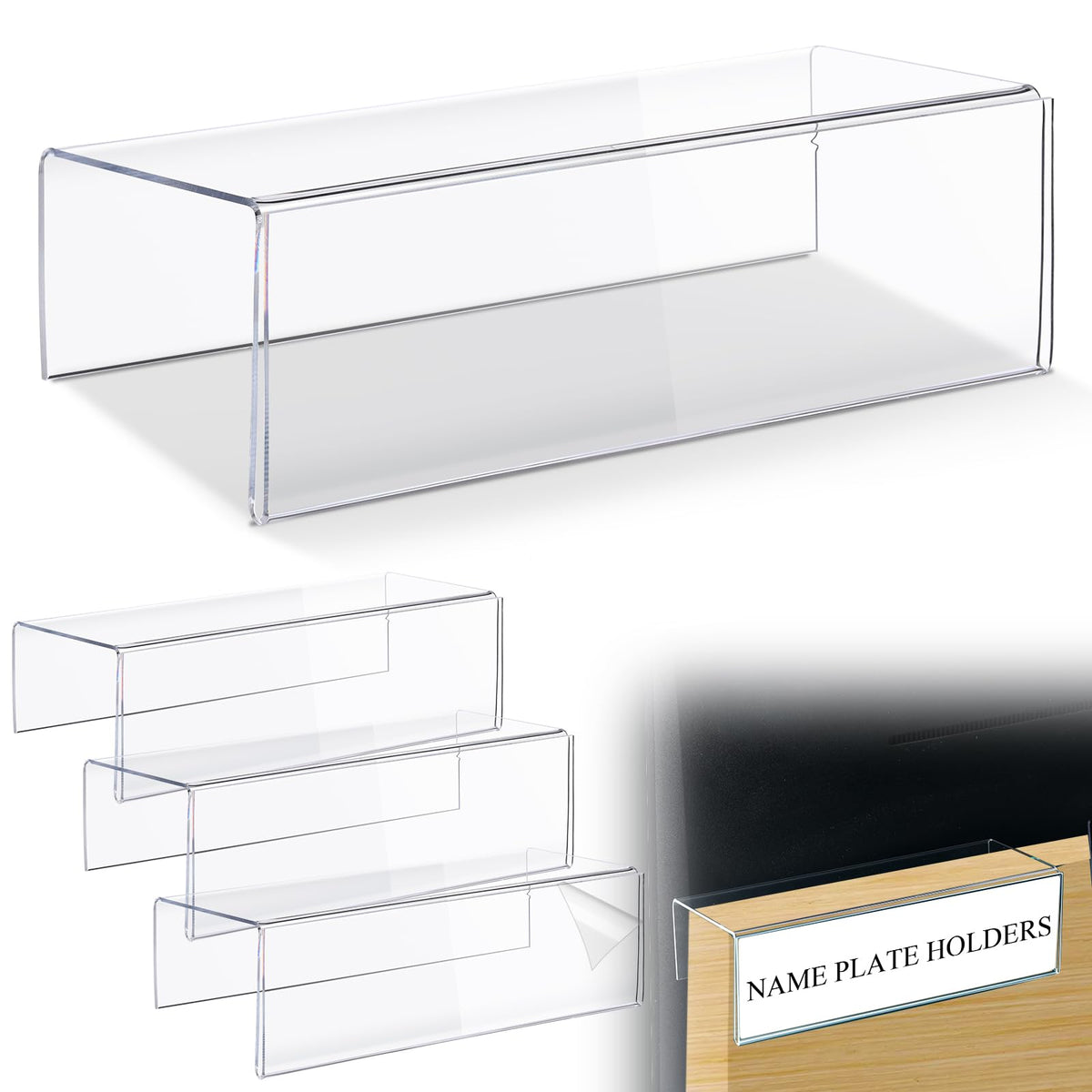 Kathfly 4 Pcs Clear Acrylic Cubicle Name Plate Holders 8.5" L x 2.5" W - Fits 3" Cubicle Wall, Single Sided Sign Holder Plastic Nameplate for Office Home Classroom Library Display