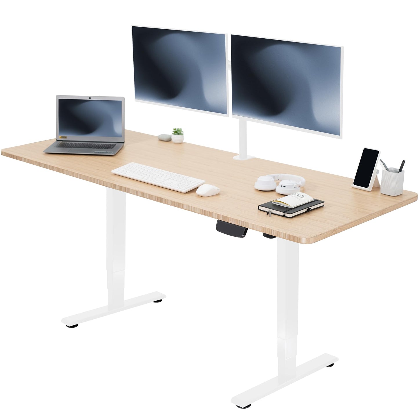 VIVO Electric 71 x 30 in Real Bamboo Standing Desk, Touch Screen Adjustment, 176 lb Frame Support, 2E Series, White Frame, DESK-KIT-2EW71O