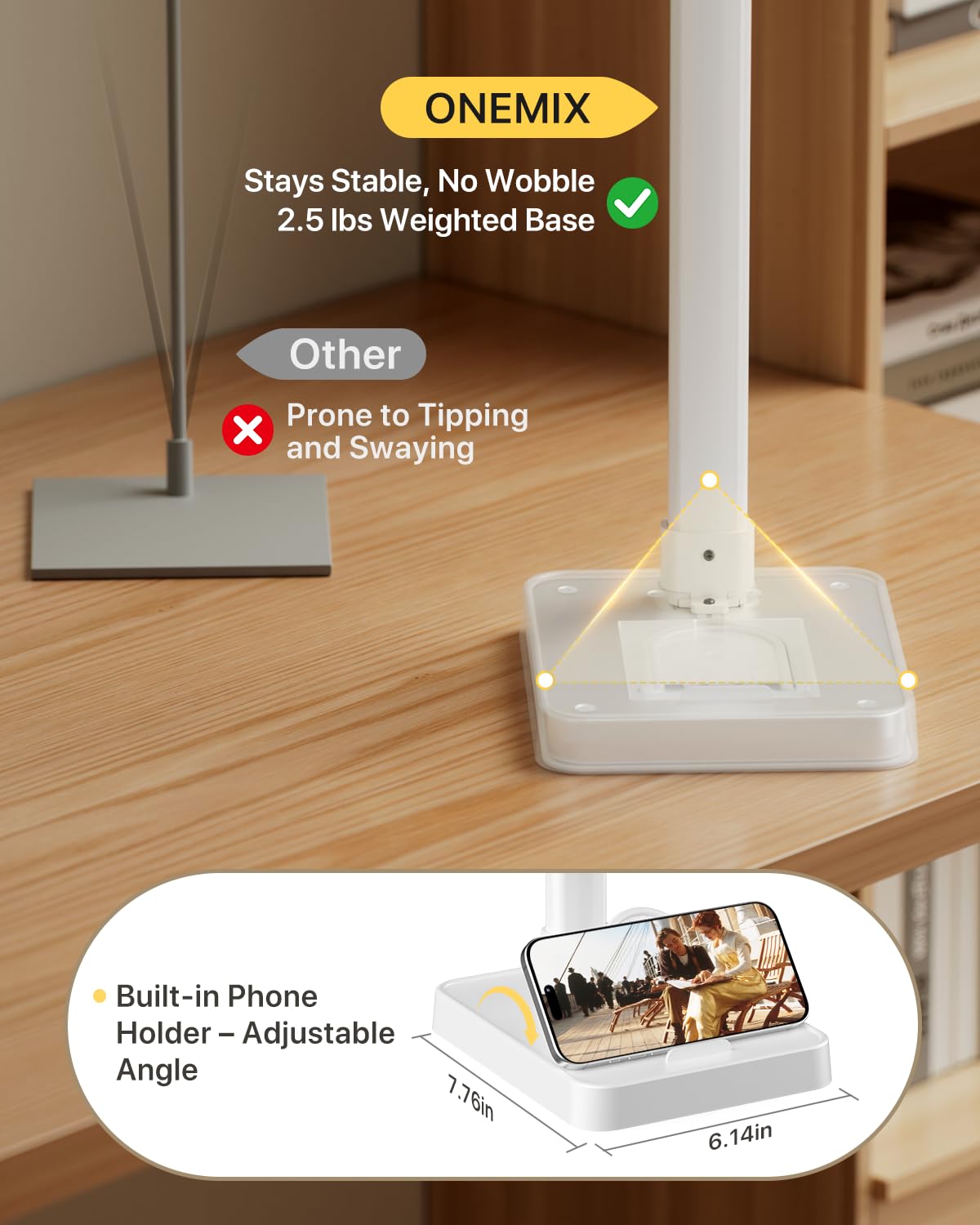 ONEMIX 42" LED Desk Lamp for Home Office, Eye-Caring Desk Light with Adjustable 4-Segment Bar, 1800LM Bright, Remote, Architect Table Lamp with Base for Dual Monitors, Reading, Study, Workbench(White)