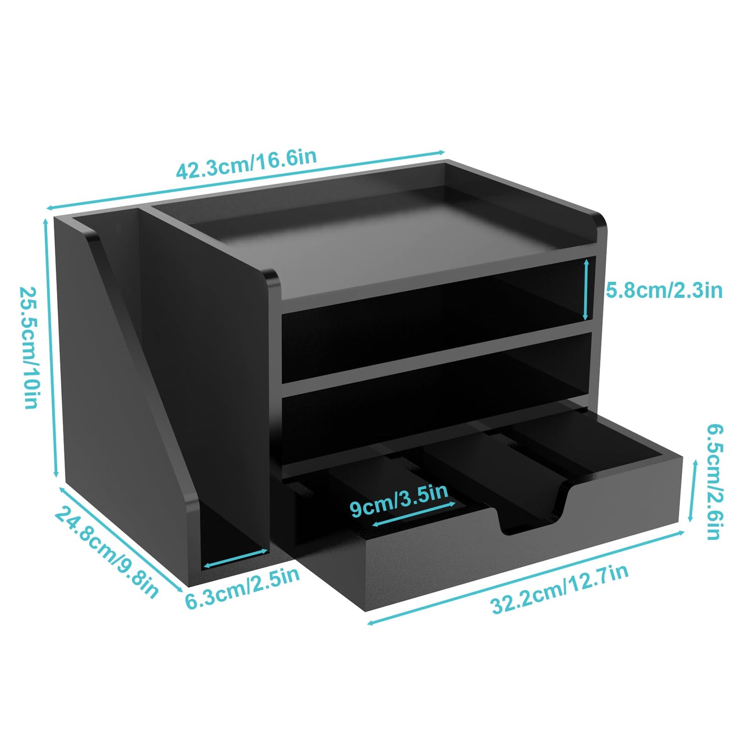 NiOffice Multi-Tier Wood Desk File Organizer, 3 Tray Shelves & Adjustable Drawer - Space-Efficient Design for Efficient Office Setup, Reduces Desk Clutter (Black)