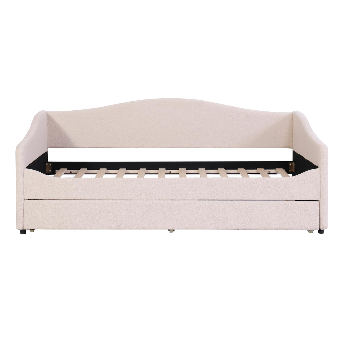 Merax Twin Size Upholstered Daybed with Light and Trundle, Beige Teddy Fleece Sofa Bed Modern Wooden Platform Bed Frame for Bedroom, Living Room, Guest Room, Apartment