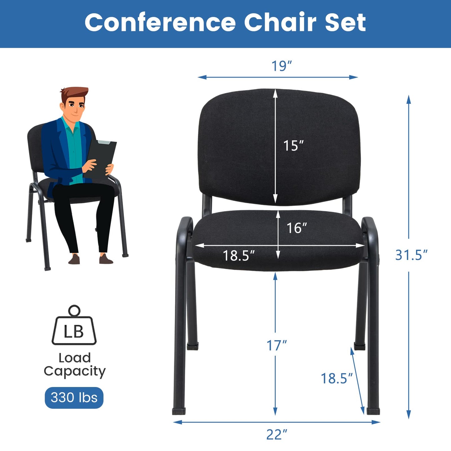 LUARANE 5Pcs Modern Conference Chair Reception Stackable Chair with Ergonomic Lumbar Support & Comfort Seat Back Sponge Cushion, for Guest Office Waiting Room, Sturdy Steel Frame, Black