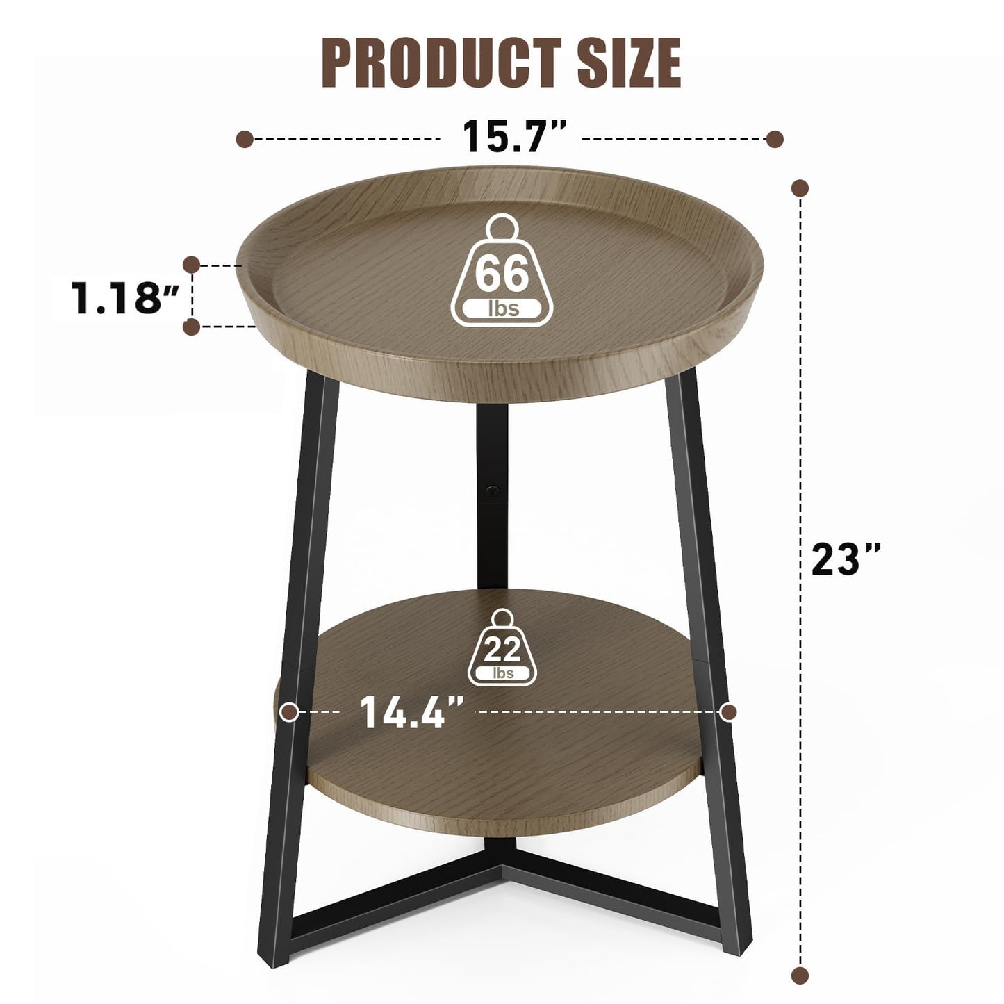Gadroad Round End Table with Storage Shelf, 2 Tier Farmhouse Side Table Nightstand for Living Room, Bedroom, Wood Tabletop & Black Metal Frame, Walnut Color 15.7 * 15.7 * 23.0inches