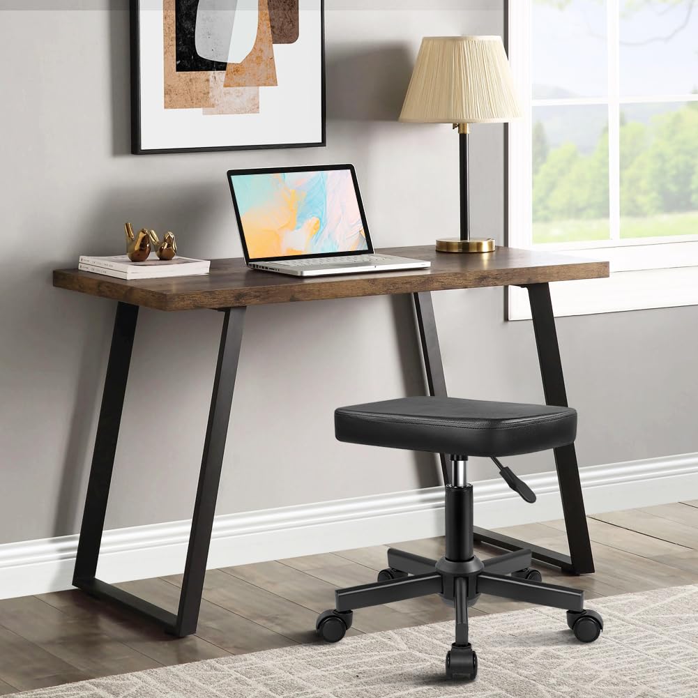 WKWKER Rolling Stool Height Adjustable 360° Swivel Stool with Wheels Square Seat PU Leather Rolling Stool for Bedroom Counter Shop Salon Massage Home Office Desk (Black)