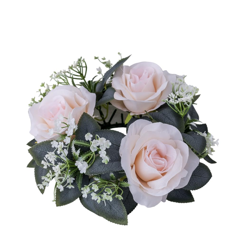 2 Pack Artificial Rose Candle Rings, Christmas Floral Wreaths with Eucalyptus Leaves Greenery Garland for Pillar Candle Lantern Wedding Centerpiece Party Home Fall Table Decor (Pink)