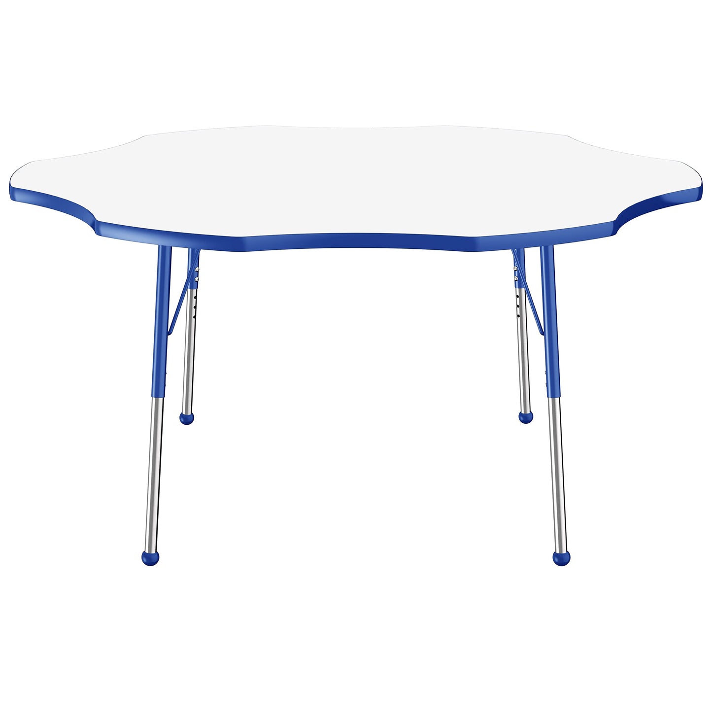 FDP Dry-Erase Flower Activity School and Office Table (60 inch), Standard Legs with Ball Glides for Collaborative Spaces, Adjustable Height 19-30 inches - Whiteboard Top, Blue Edge and Matching Legs