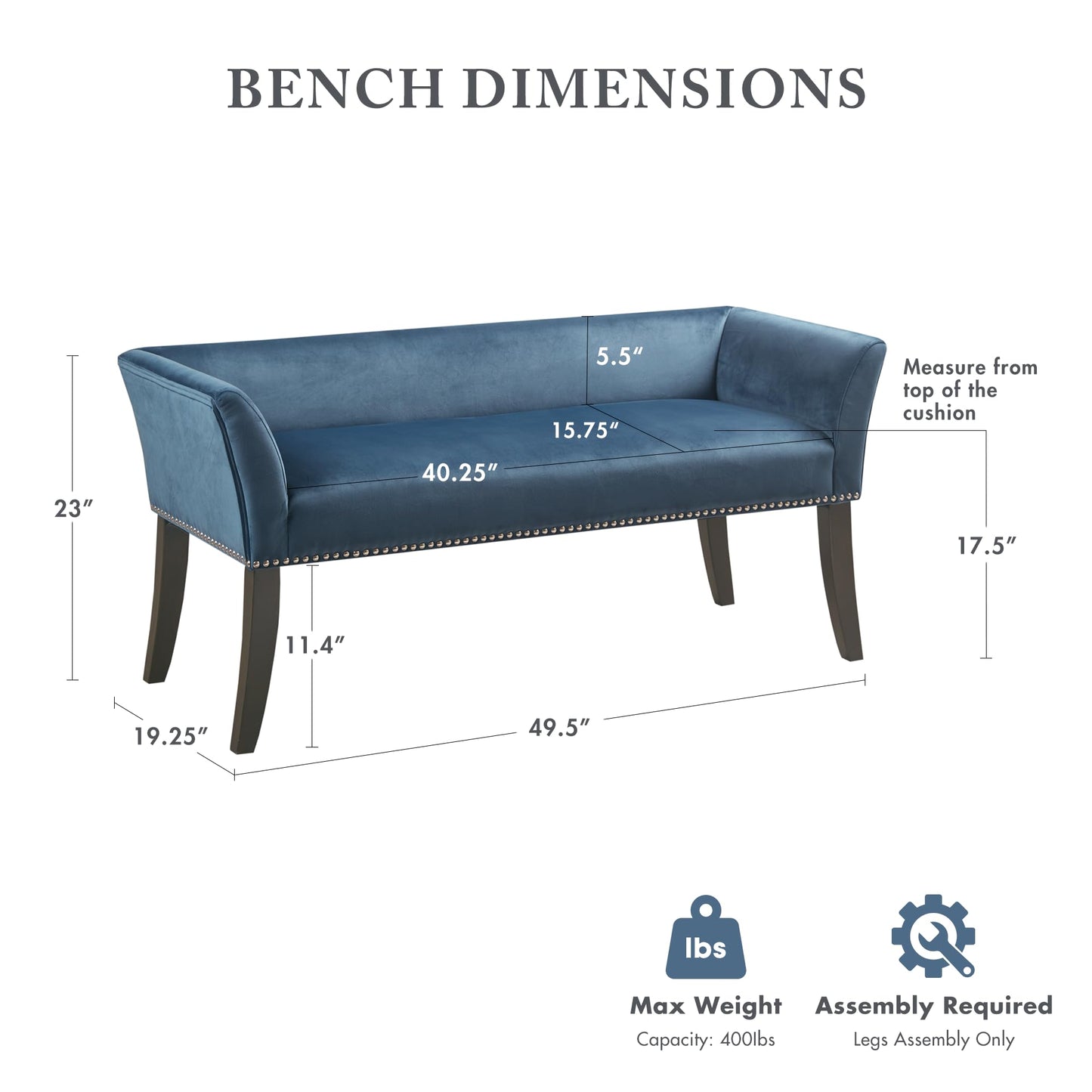 Madison Park Accent Bench, Upholstered with Nailhead Trim, & Padded Seat Entryway Bench Small, End of Bed Bench with Back, 49.5" W x 19.25" D x 23" H, Blue
