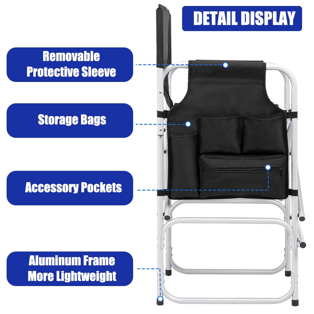 BRLJUNEO Tall Makeup Chair, Foldable Director Chairs, Portable Makeup Artist Chair w/Side Table Cup Holder Storage Bag and Footrest, 400LBS Load Capacity, Black, 41''