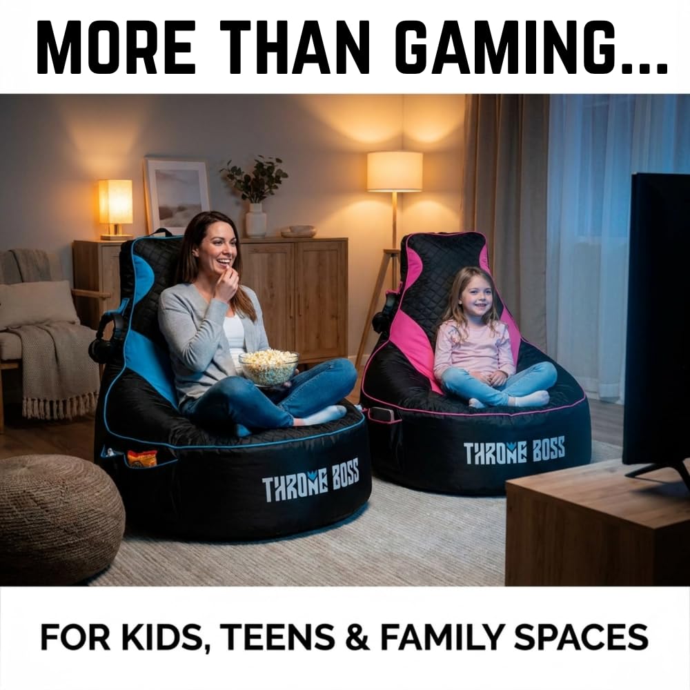 Throne Boss Gaming Bean Bag Chair Cover for Kids with High Back, Blue – Gamer Chair for Kids with 2 x Large Side Pockets, Headphone Hanger, Easy to Clean Fabric, Requires 200 Liters Polystyrene Beans