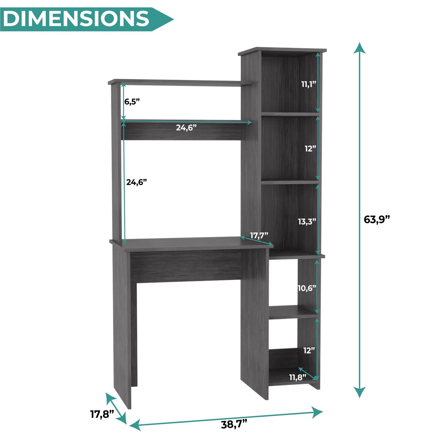 Tuhome Versalles Writing Desk with Two Superior Shelves, Five Side Open Storage Compartments, Space-Saving Modern Workstation Design for Studios and Offices, Ideal for Organization, Books