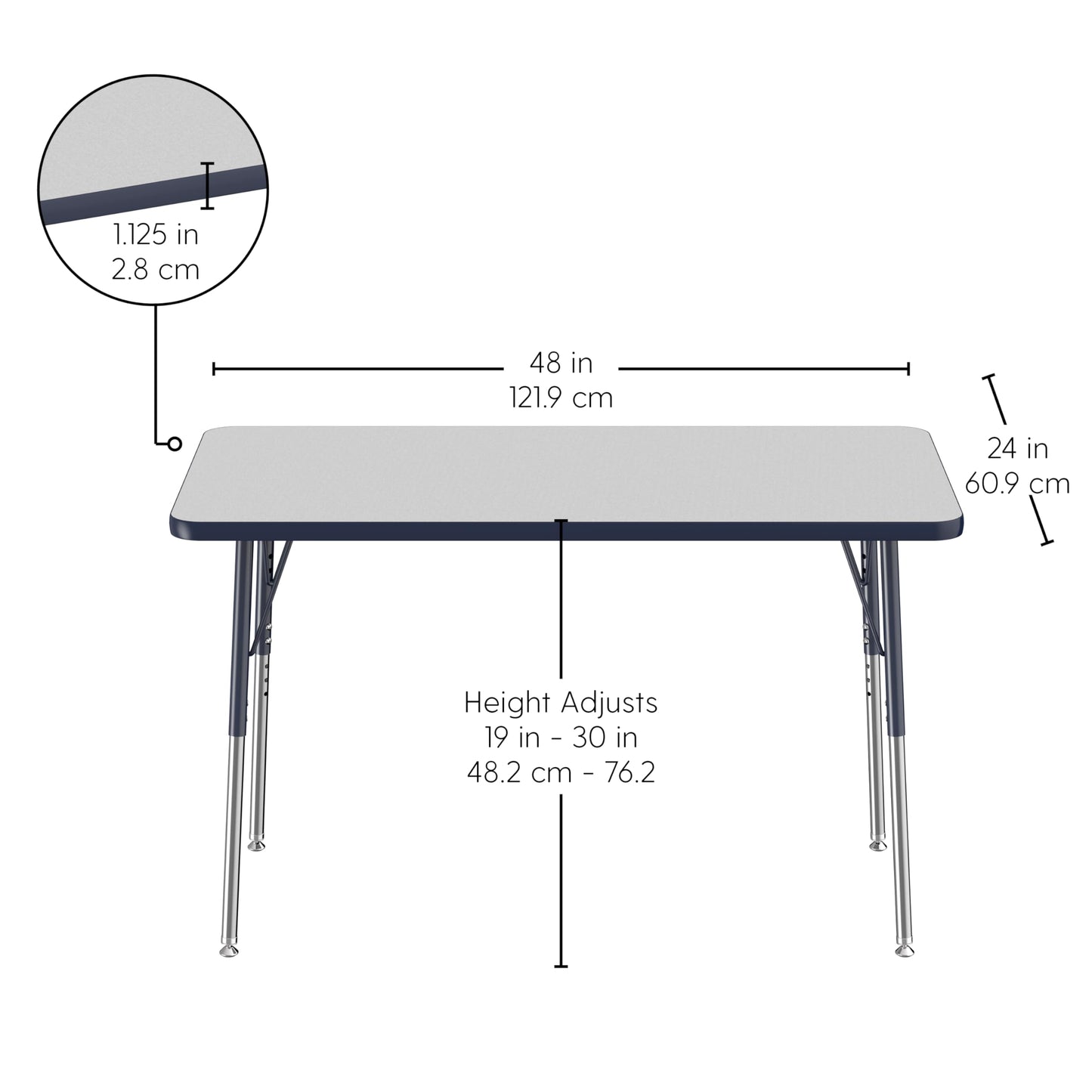 FDP Rectangle Activity School and Office Table (24 x 48 inch), Standard Legs with Swivel Glides, Adjustable Height 19-30 inches - Gray Top and Navy Edge