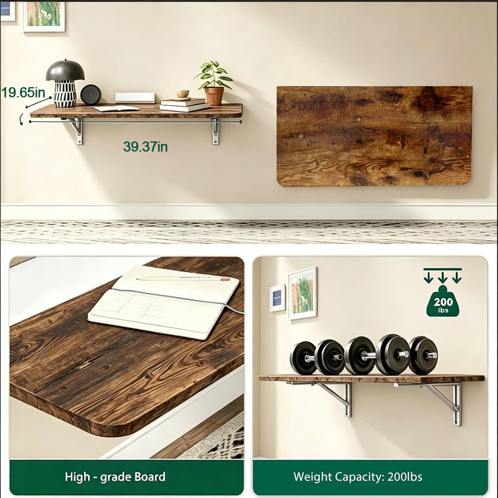 CYGJSYEA Rustic Wall Mounted Folding Table, Solid Wood Floating Desk with Stainless Steel Brackets, Space Saving Shelf for Home Office, Kitchen, Dining, Laundry Room (60X40cm / 23.63"X15.75")