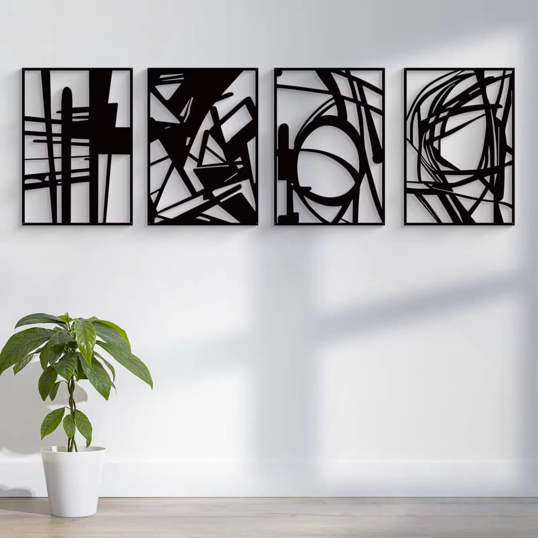Modern Black Abstract Wall Art – 4 Panel Set (16x11”) – Minimalist Metal Artwork for Living Room, Bedroom, Office – Contemporary Home Decor, Easy to Hang