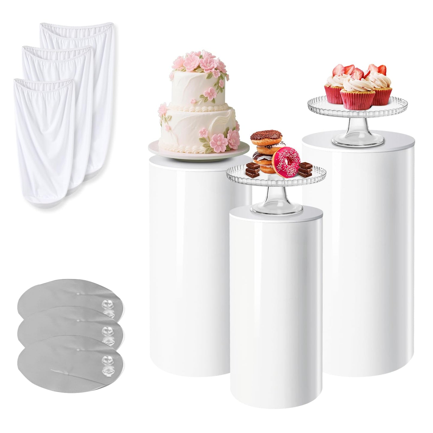 Gladeup 3 Pcs White PVC Cake Stand, Cylinder Pedestal Stands, Cylinder Stands for Party, with Weighted Water Bag & Spandex Cloth Cover for Wedding, Birthday Decor, 34.06''(L), 29.13''(M), 23.82''(S)