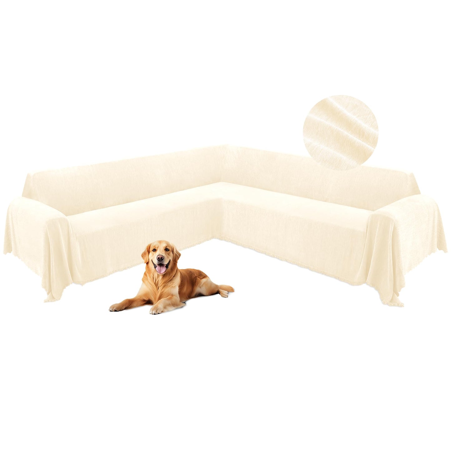 HDCAXKJ Corner Sectional Couch Covers for Dogs L Shape Sofa Cover with Tassel Chenille Super Soft Non Slip U Shaped Couch Cover Blanket Washable Sofa Slipcovers Protector (Light Beige, 91x276 inch)