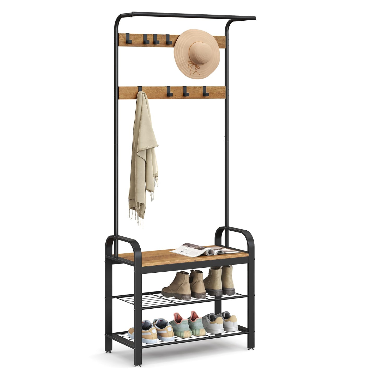 VASAGLE Coat Rack, Hall Tree with Shoe Bench for Entryway, Entryway Bench with Coat Rack, 4-in-1, with 9 Removable Hooks, a Hanging Rod, 13.3 x 28.3 x 72.1 Inches, Rustic Walnut and Black UHSR040B41
