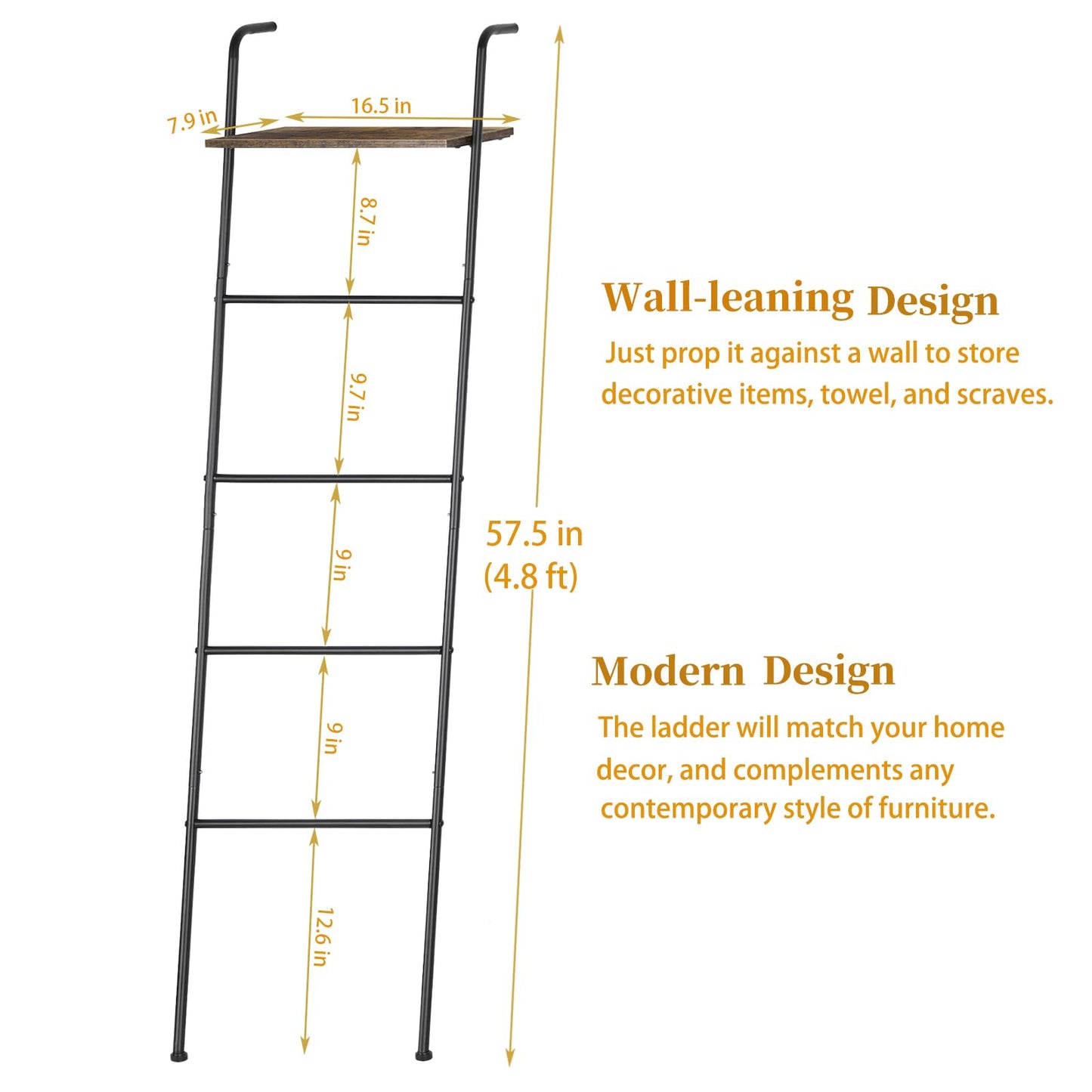 Vrisa Blanket Ladder Wall Leaning Blanket Rack Farmhouse 5-Tier Metal Blanket Holder with Shelf Bath Towel Storage for Bathroom Quilt Bedroom Living Room Pool Black