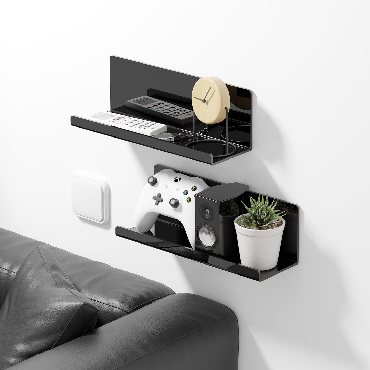 PAVSTINE Acrylic Floating Shelves for Wall No Drilling, Self Adhesive Space-Saving Shelves, 12 Inch Floating Shelf Stick on Wall Shelf, for Bathroom, Kitchen, Bedroom, Office, Gaming Room, Black