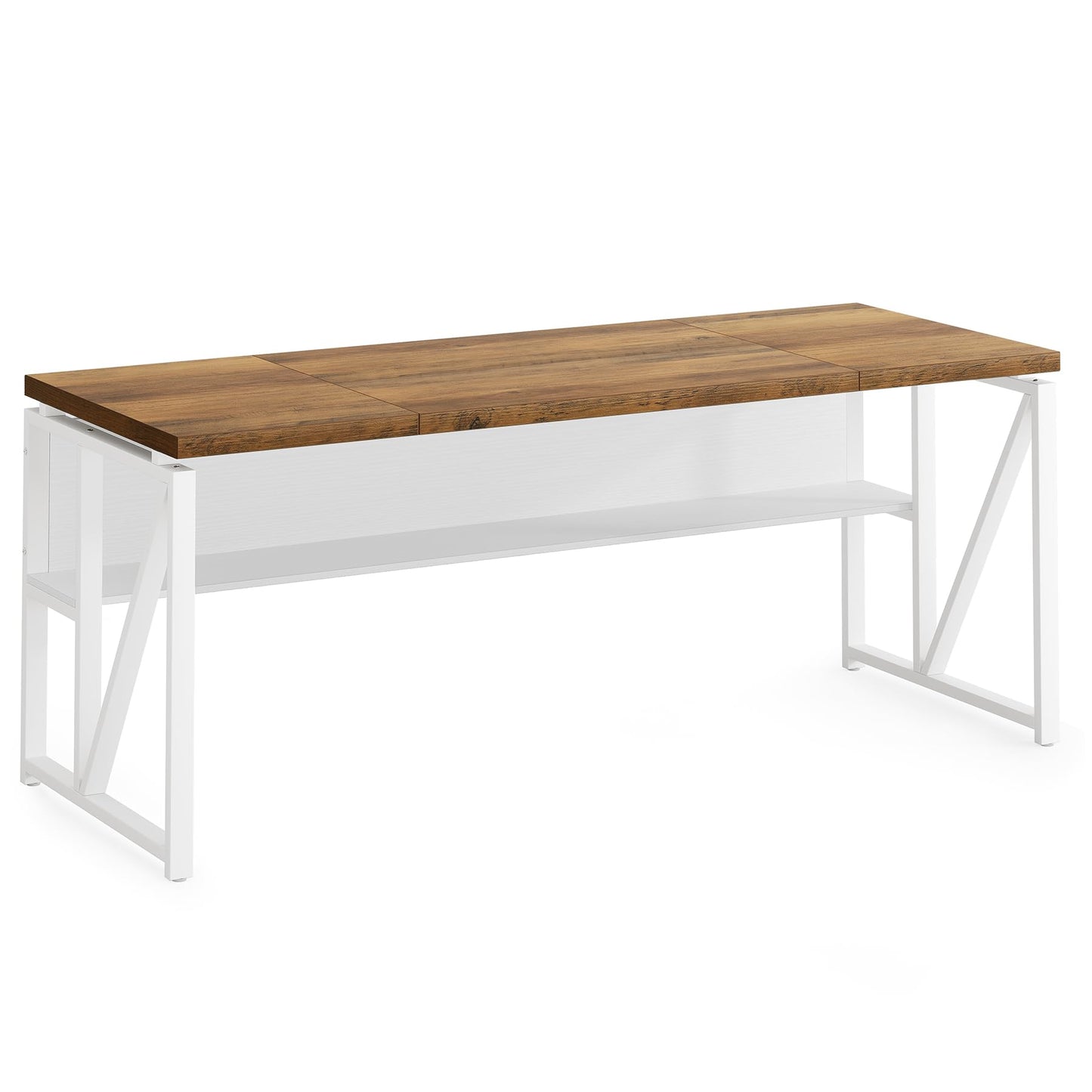 LITTLE TREE 63-Inch Executive Office Desk, Large Computer Desk with Storage Shelf, Executive Desk with Metal Frame, Thickened Desktop, Study Writing Desk Work Station for Home Office, Rustic + White