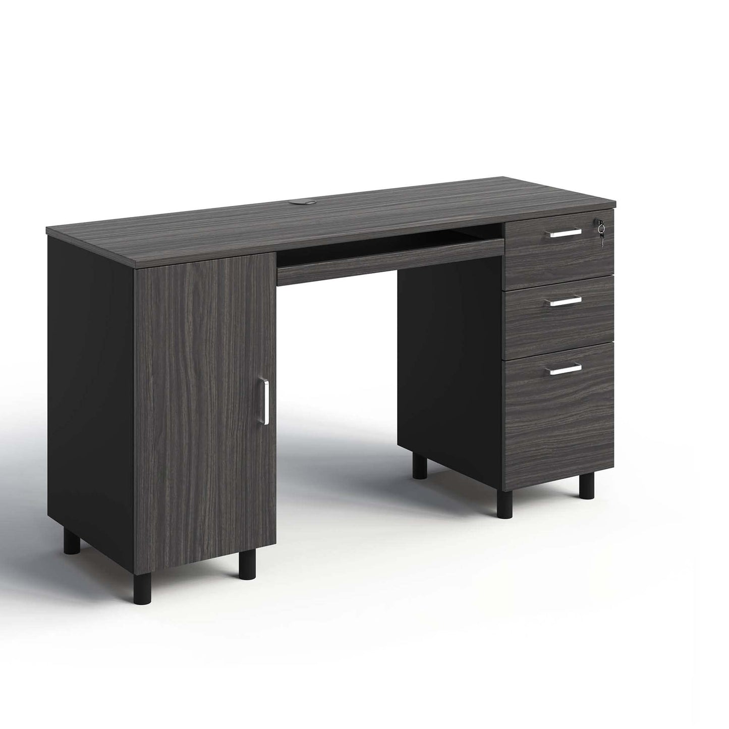 Modern Design Venice Computer Desk with Lockable Drawers, 53 Inch Home Office Desk with Storage Cabinet, Keyboard Tray & Cable Management, Modern Study Writing Desk for Small Spaces, Black and Grey