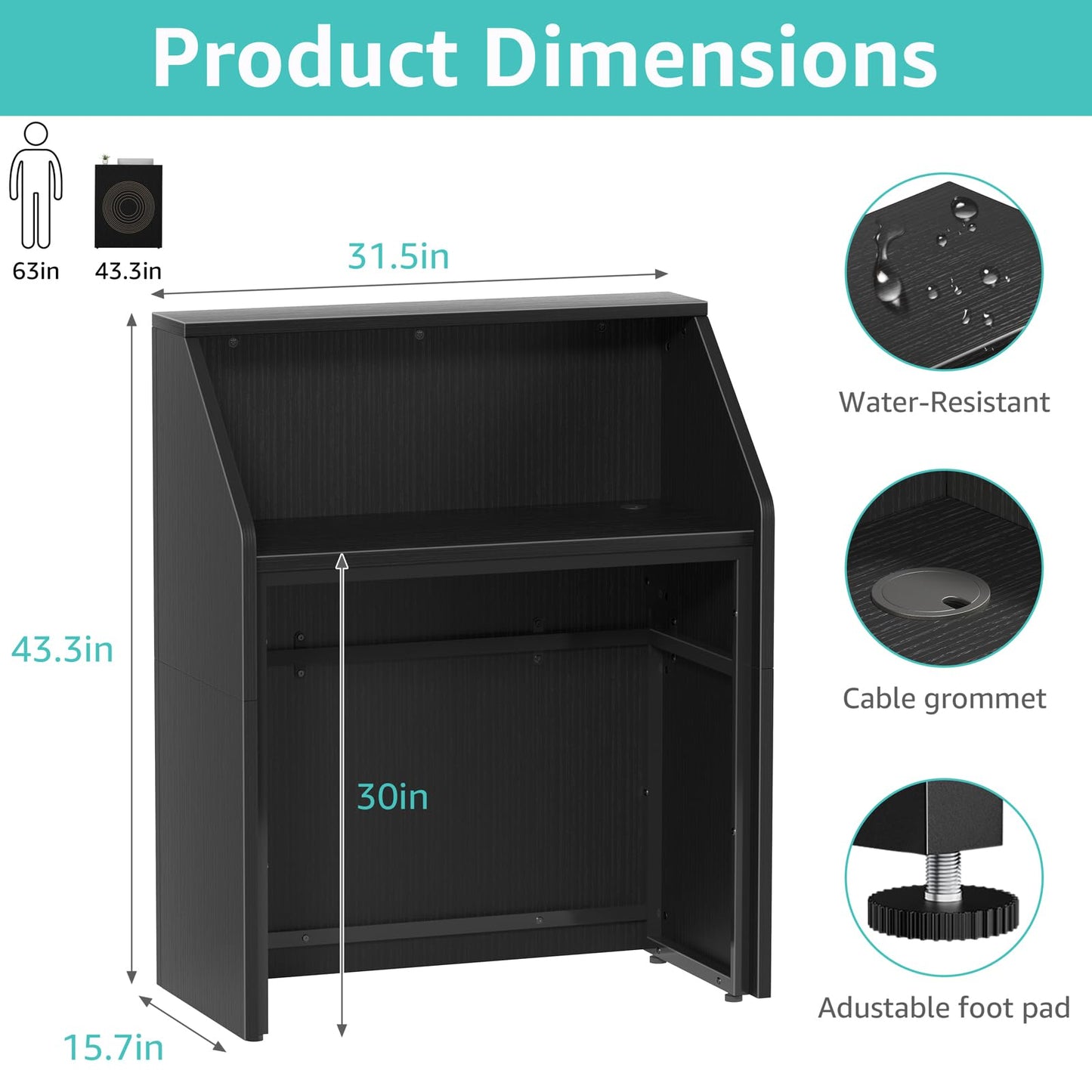 IGERI Small Black Reception Desk with Counter for Salon 31.5 Inch Front Modern Standing Receptionist Room Tables Checkout Counter for Office