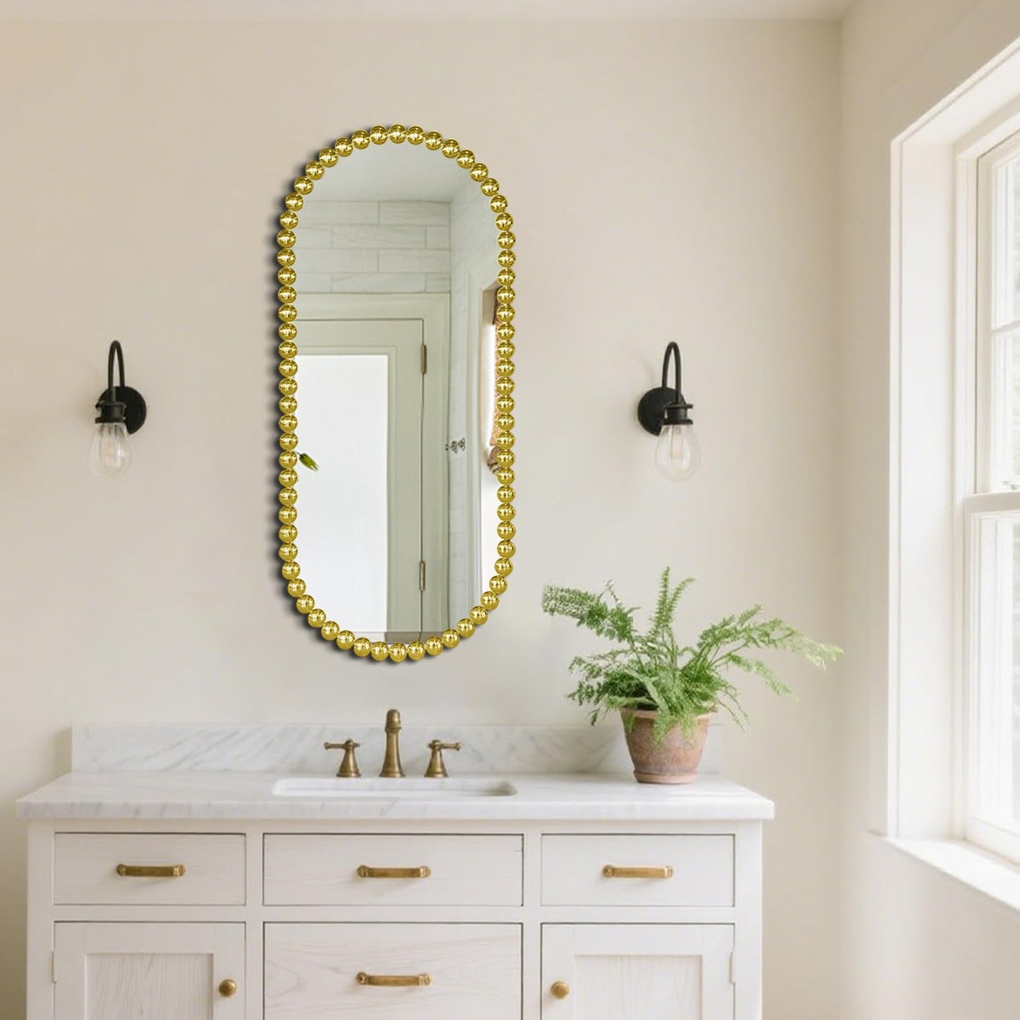 Scoffee Gold Oval Bathroom Mirror Vanity Hanging Beaded Framed Baroque Decorative Wall Mirror for Over Sink，Bedroom, Entryway