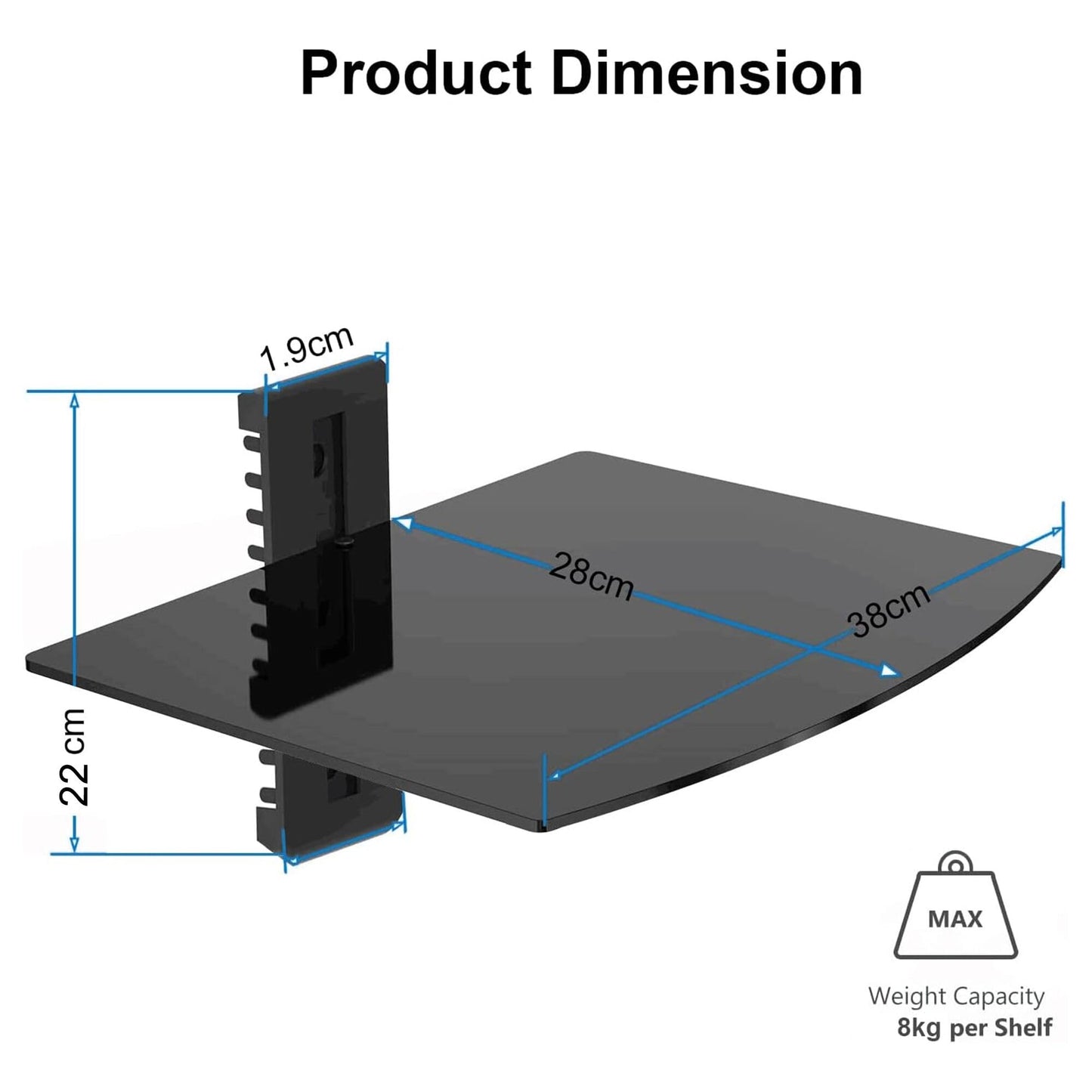 suptek Glass Floating Shelf, 1 Tier Media Shelf for TV Accessories, Flat Black Wall Mount Bracket, 17.6lbs Weight Capacity, Quick Installation, Cable Management, Custom Style, Backless
